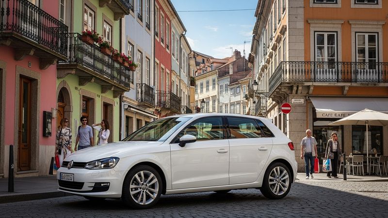 compact hatchback car in modern urban setting, clean white or silver hatchback vehicle on city street, European-style small car lifestyle, photorealistic, bright daylight, 4k