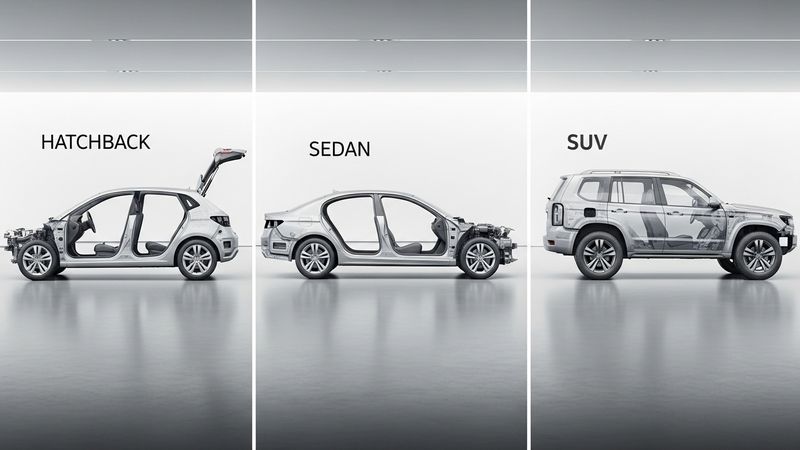side-by-side comparison of hatchback vs sedan vs SUV body structure, automotive body style diagram, clean showroom background, photorealistic, 4k